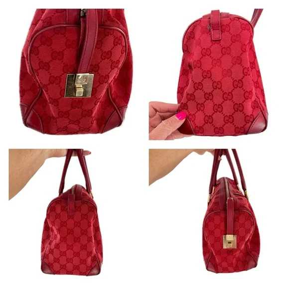 GUCCI GG Canvas Boston Bag, Red Jacquard Fabric, Red Leather Trim, Authentic